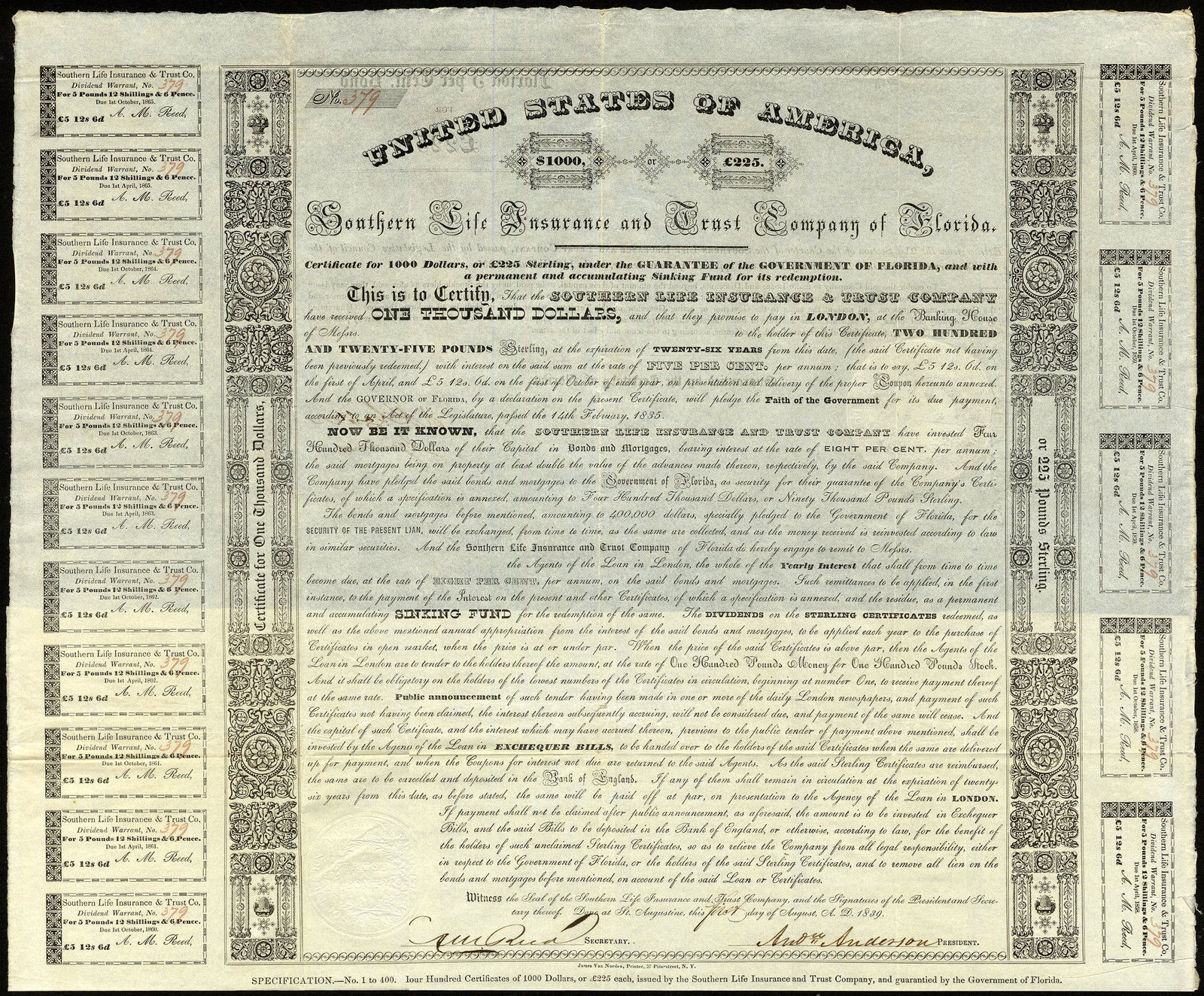 USA: Southern LIfe Insurance and Trust Co. of Florida, $1000/£225 bond, 1839