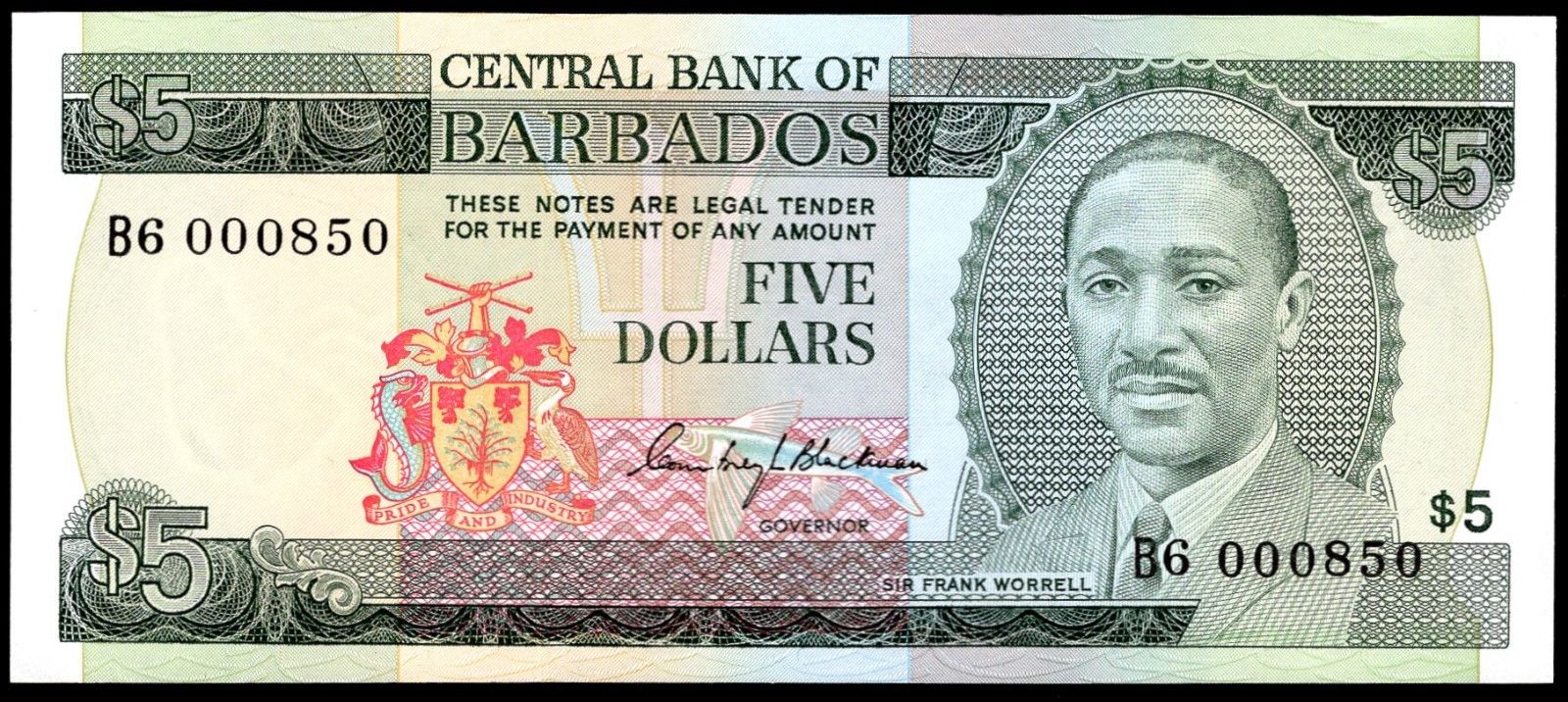 Barbados, $5, 1st series B6 000850, (1975), Blackman sig, Good Extremely Fine.