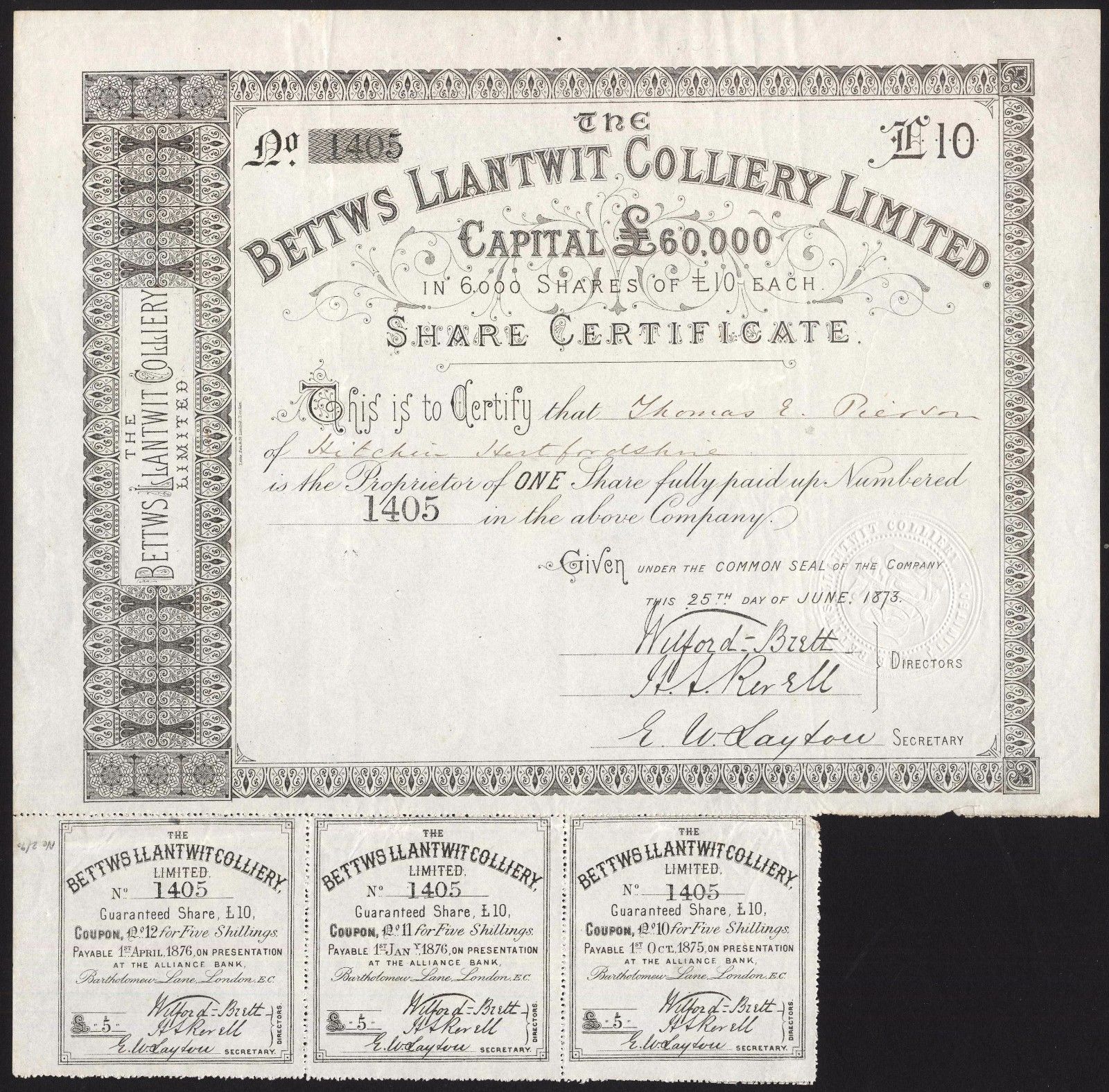 Bettws Llantwit Colliery Ltd., 10 share, 1873, Rare with coupons