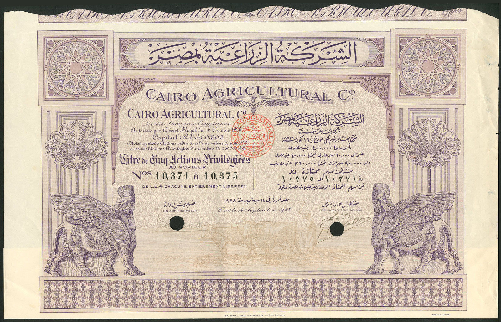 Egypt: Cairo Agricultural Company SAE,  5 preference shares of E£4, 1928, large format