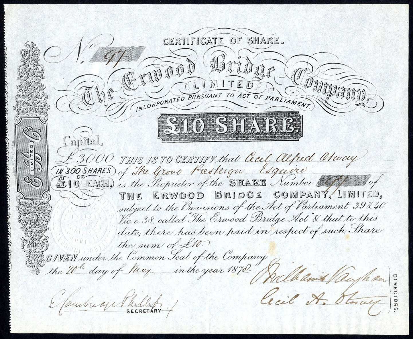 Erwood Bridge Co. Ltd., £10 share, 1878, Powys, Wales.