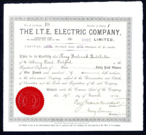 I.T.E. Electric Company (1907) Ltd., £1 share, 1914