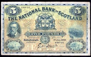 National Bank of Scotland, Five Pounds, A999-105. 1st July 1936.  Fine. - Image 1