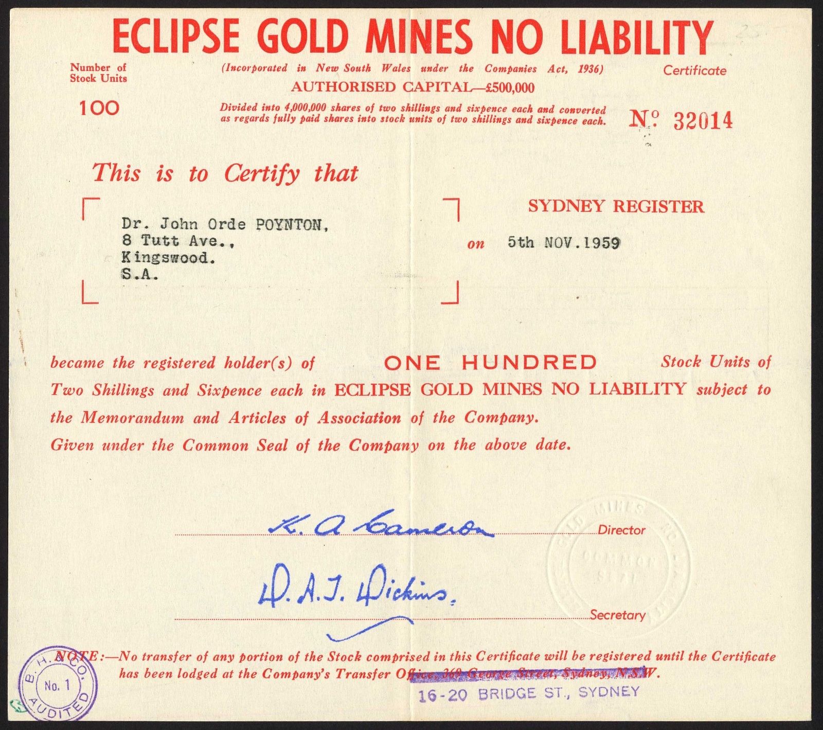 Australia: Eclipse Gold Mines NL, 100 shares of 2/6d, 1959, GVF