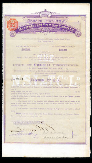 Australia: North Sydney Investment and Tramway Co. Ltd., £100 debenture, 1889