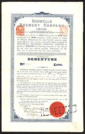 Showells Brewery Co. Ltd., £100 Debenture, 1898, Birmingham