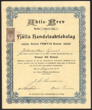 Sweden: Fjalls Handelsaktiebolag, 50 kroner share, 1919