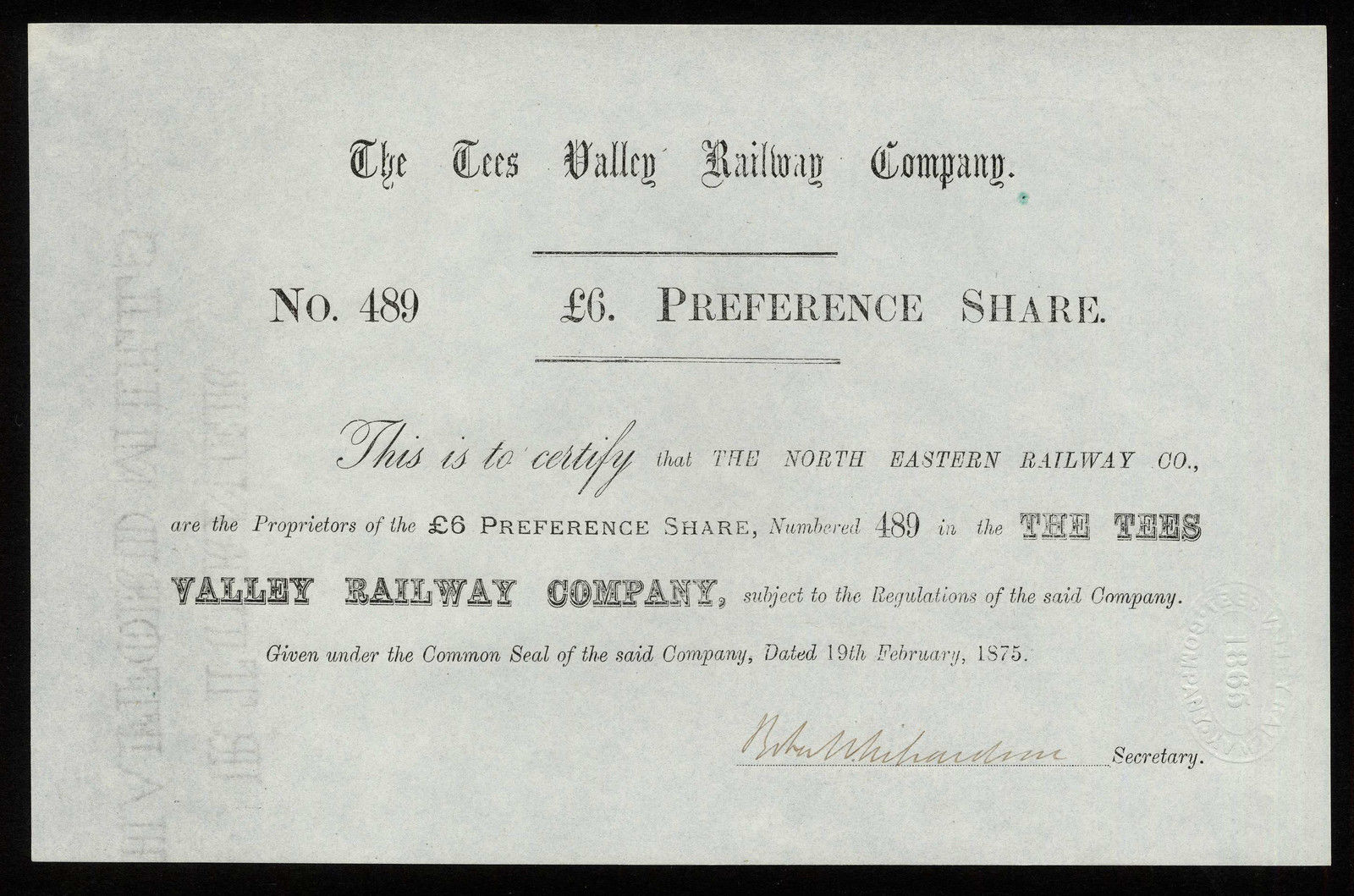 Tees Valley Railway Company, £6 preference share, 1875, grey paper, EF