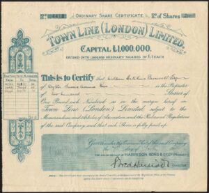 Town Line (London) Ltd., £1 shares, 1920, capital £1,000,000, green/blue, VF