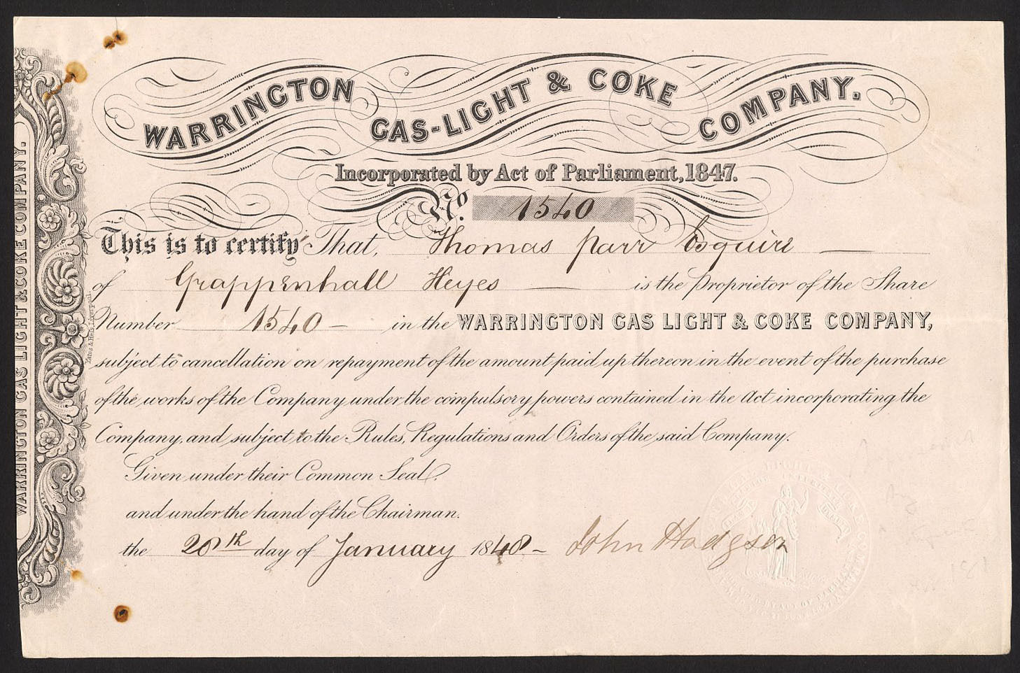 Warrington-Gas-Light-Coke-Company-one-share-1848-no1539-382203764557