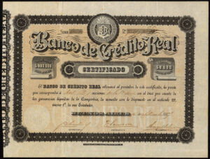 Argentina: Banco de Credito Real, shares of 100 pesos, 1887