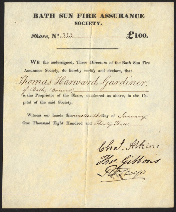 Bath-Sun-Fire-Assurance-Society-100-share-vellum1833-RARE-171641908558