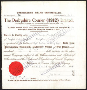Derbyshire Courier (1912) Ltd., £1 pref. shares, 1921, signed by J B Morrell