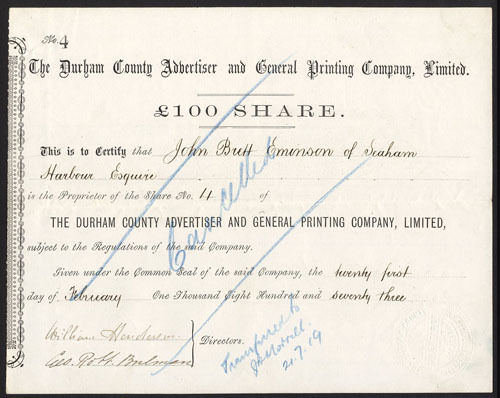 Durham County Advertiser & General Printing Co. Ltd., £100 shares 1873