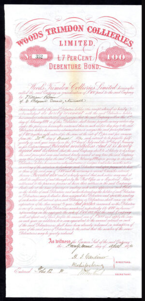 Woods Trimdon Collieries Ltd., 7% debenture, 1874, £100
