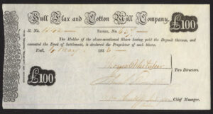 Hull Flax & Cotton Mill Co., £100 share, 1853, founded in 1836.