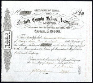 Norfolk County School Association Ltd, £10 share, 1874