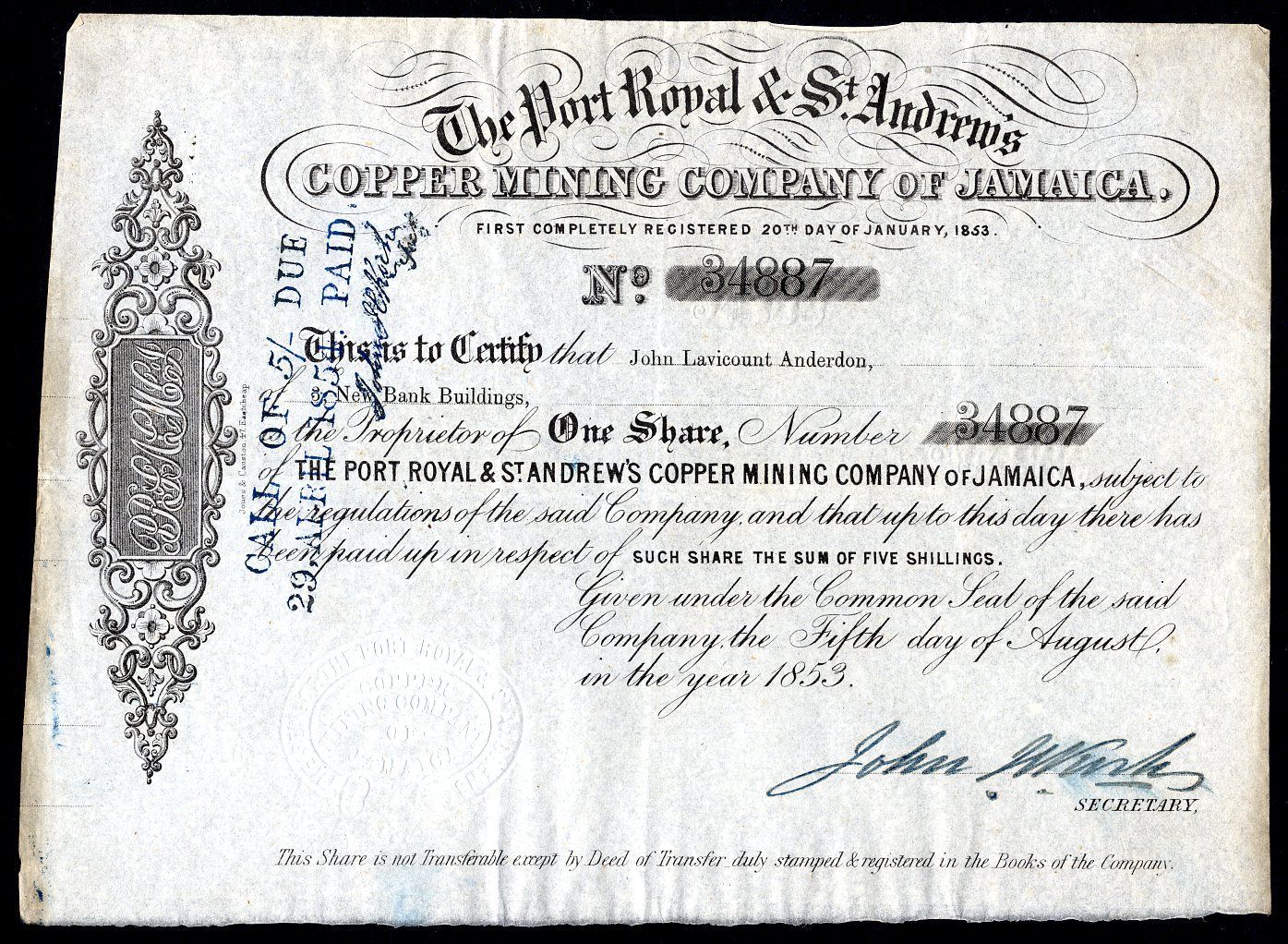 Port Royal & St.Andrew's Copper Mining Company of Jamaica, 1 share, 1853