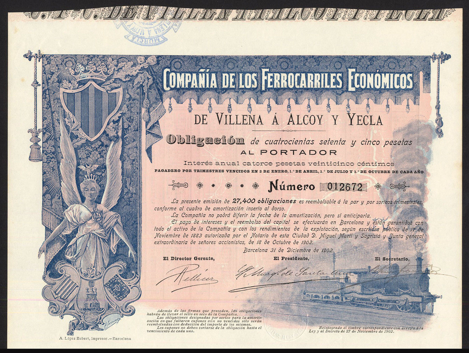 Spain: Ferrocarriles Economicos de Villena a Alcoy y Yecla, bond 475 ptas, 1902