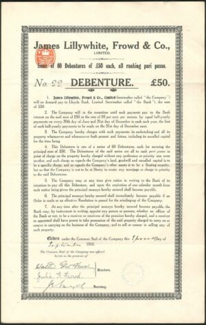 James Lillywhite, Frowd & Co. Ltd., £50 debenture, 1916, Sporting Goods - Image 1
