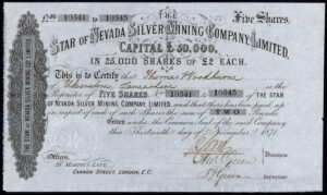 Star of Nevada Silver Mining Co. Ltd., 5 shares of £2, 1871