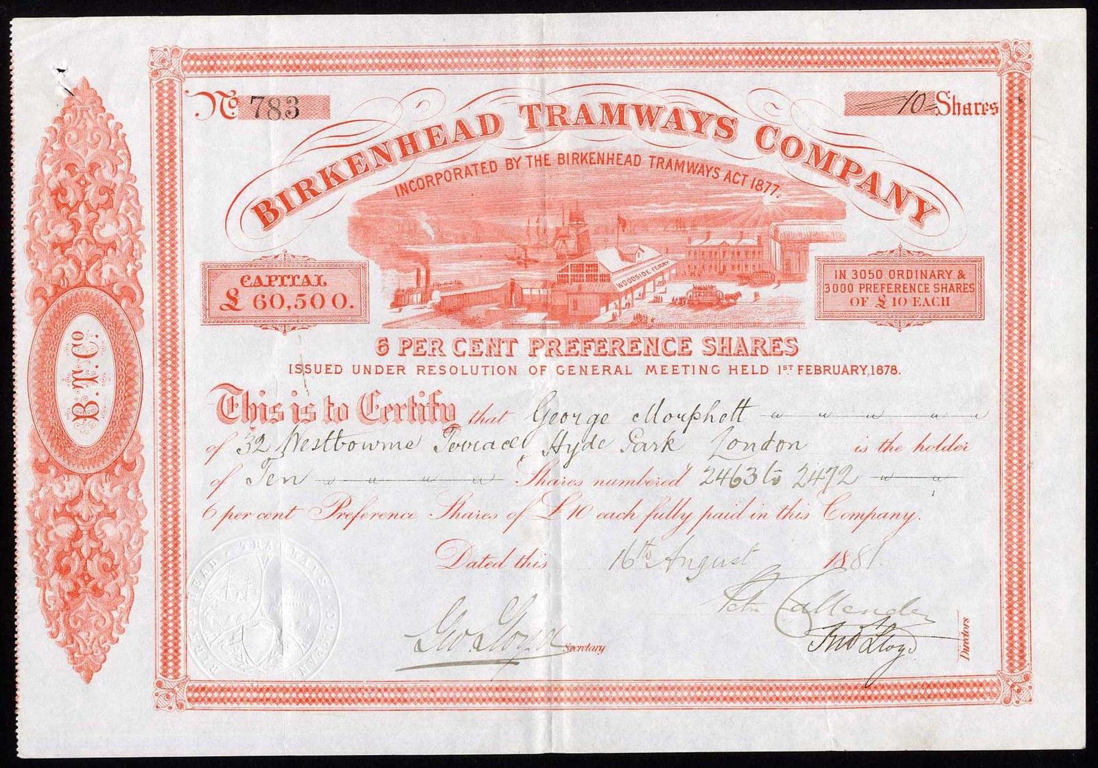 Birkenhead Tramways Company, 6% preference shares, 1881, lovely vignette