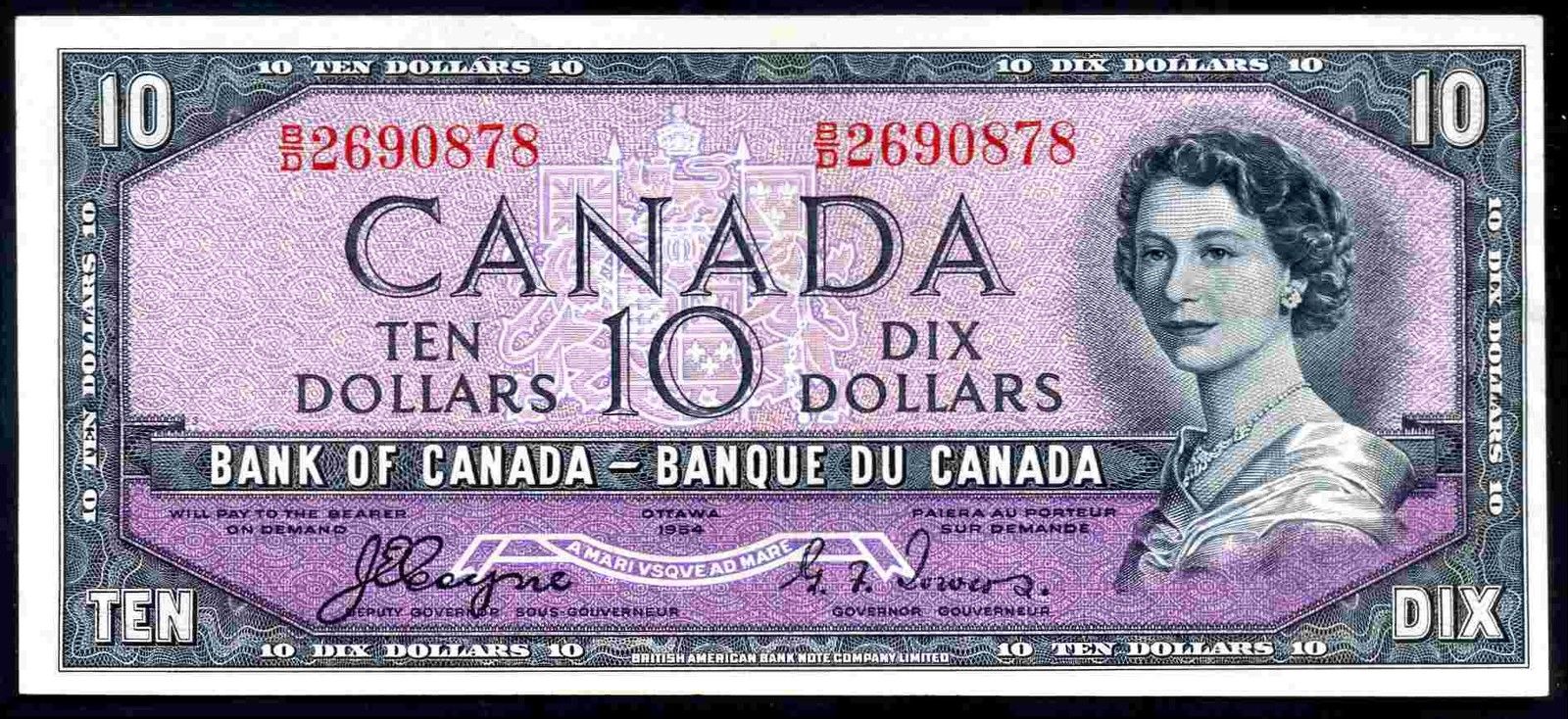 Canada, 10 Dollars, 1954, "Devil's Face" variety, Coyne-Towers, B/D 2690878, VF-EF