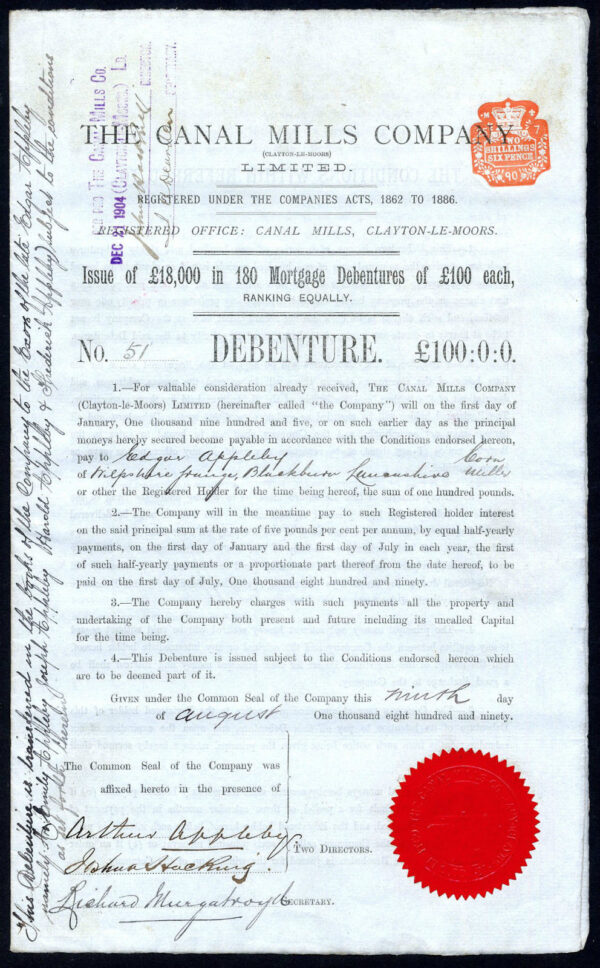 Canal-Mills-Co-Clayton-le-Moors-Ltd-100-Debenture-1890-Cotton-spinners-381866755879
