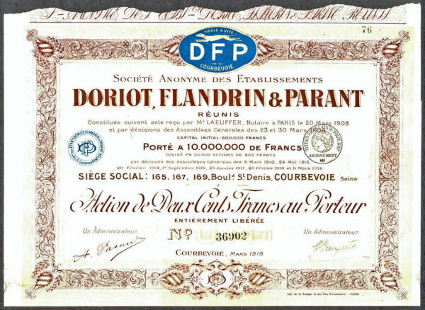 FRANCE-Doriot-Flandrin-Parant-Motor-Cars-200-franc-share-1918-172258741199
