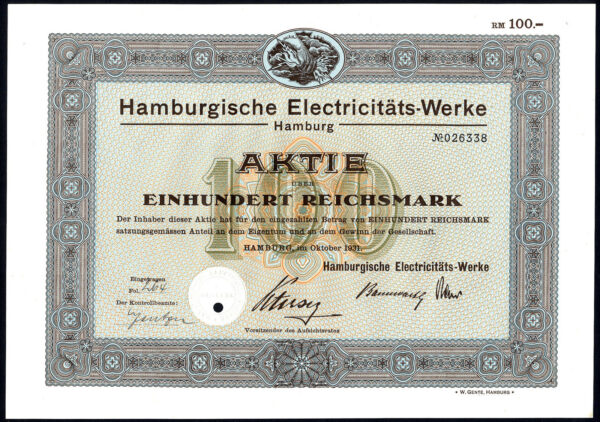Germany-Hamburgische-Electricitats-Werke-100RM-share-1931-381513306479