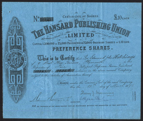 Hansard-Publishing-Union-Ltd-10-Pref-shares-1890-Bottomley-connection-381876489879