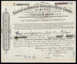 Kohinoor and Donaldson Mining Co. Ltd., ordinary shares, 1886, mines in Colorado