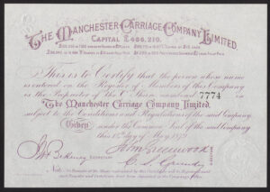 Manchester Carriage Co. Ltd., £10 'C' share, 1879