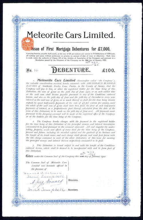 Meteorite Cars Ltd., £100 Debenture, 1922, only 70 issued.