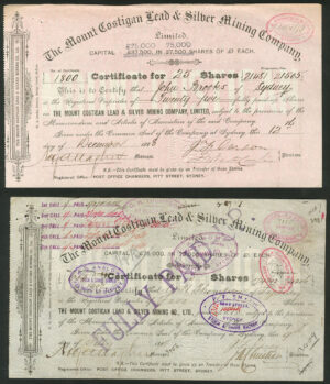 Australia: Mount Costigan Lead & Silver Mining Co., pair of certificates, 1888