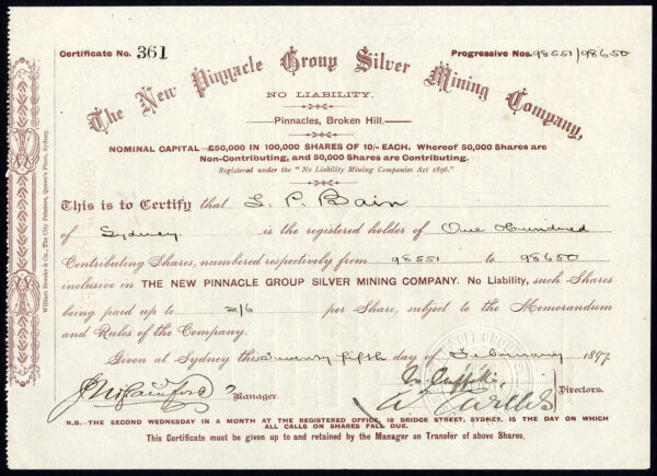 NSW-New-Pinnacle-Group-Silver-Mining-Co-NL-10s-shares-1897-Broken-Hill-172427498089