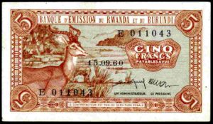 Rwanda-Burundi. Five Francs, E011043, 15-09-60, Good Extremely Fine.