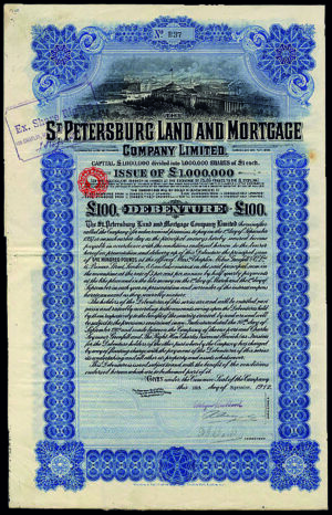 St Petersburg Land & Mortgage Co. Ltd., £100 debenture, 1912, Waterlow printing